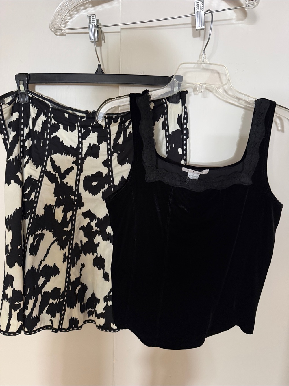 CAbi Black Velvet Tank with Black & White Printed Skirt Set